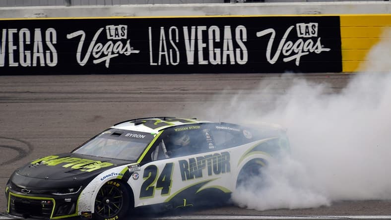 Mar 5, 2023; Las Vegas, Nevada, USA; NASCAR Cup Series driver William Byron (24) celebrates his victory of the Pennzoil 400 at Las Vegas Motor Speedway. Mandatory Credit: Gary A. Vasquez-USA TODAY Sports