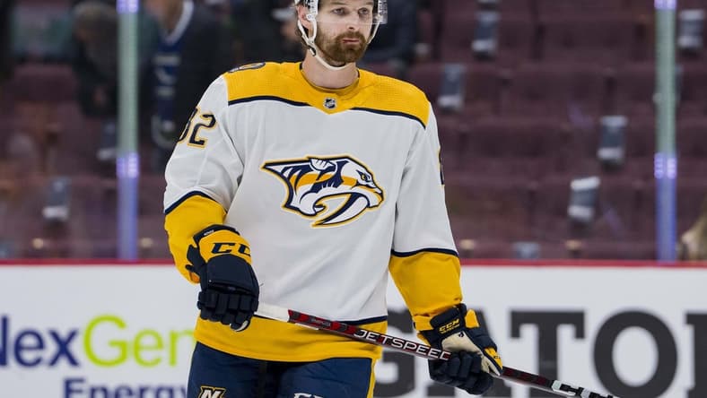Mar 6, 2023; Vancouver, British Columbia, CAN; Nashville Predators forward Tommy Novak (82) skates during warm up prior to a game against the Vancouver Canucks at Rogers Arena. . Mandatory Credit: Bob Frid-USA TODAY Sports