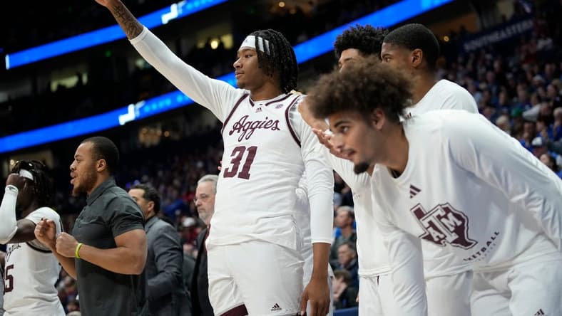 Texas A&M forward Javonte Brown (31) reacts on the bench after a teammate was fouled by an Arkansas player during the second half of a quarterfinal SEC Men s Basketball Tournament game at Bridgestone Arena Friday, March 10, 2023, in Nashville, Tenn.
Sec Basketball Arkansas Vs Texas A M