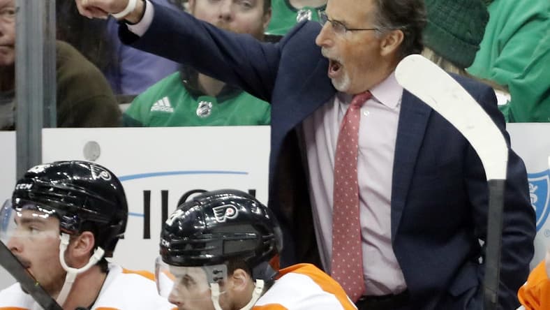 Mar 11, 2023; Pittsburgh, Pennsylvania, USA; Philadelphia Flyers head coach John Tortorella  reacts on the bench against the Pittsburgh Penguins during the third period at PPG Paints Arena.  Pittsburgh won 5-1. Mandatory Credit: Charles LeClaire-USA TODAY Sports