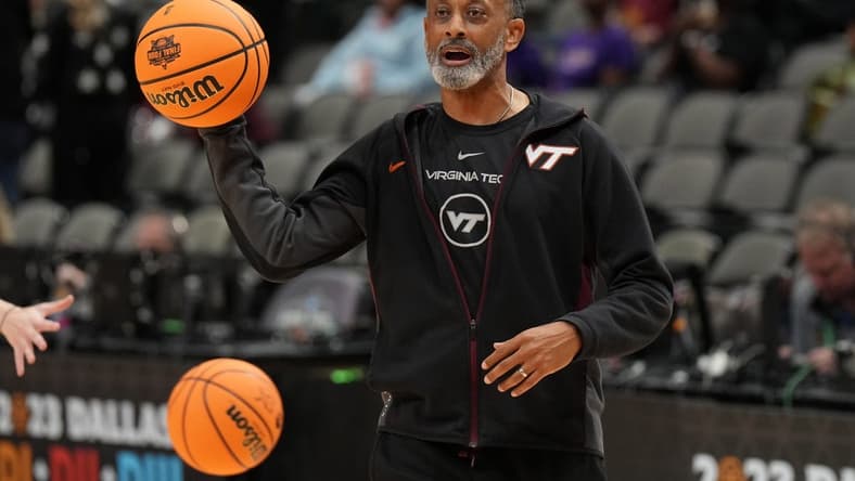 Mar 30, 2023; Dallas, TX, USA; Virginia Tech Hokies coach Kenny Brooks during practice at the American Airlines Center. Mandatory Credit: Kirby Lee-USA TODAY Sports