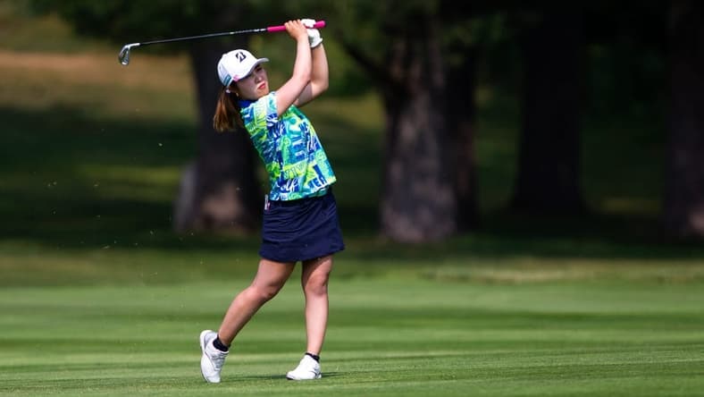 Ayaka Furue hits her ball to the green at hole 14 Saturday, June 17, 2023, at Blythefield Country Club in Belmont, MI.