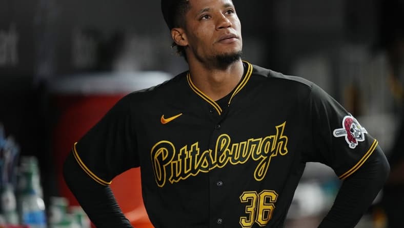 Jun 22, 2023; Miami, Florida, USA; Pittsburgh Pirates relief pitcher Dauri Moreta (36) looks on after being taken out of the game against the Miami Marlins in the eighth inning at loanDepot Park. Mandatory Credit: Jim Rassol-USA TODAY Sports
