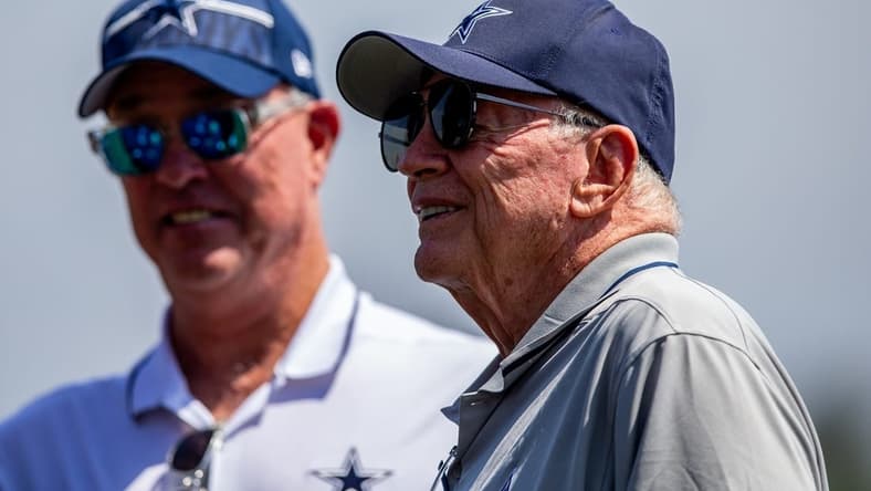 Jul 31, 2023; Oxnard, CA, USA; Dallas Cowboys owner Jerry Jones and chief operating officer Stephen Jones (left) during training camp at the Marriott Residence Inn-River Ridge playing fields. Mandatory Credit: Jason Parkhurst-USA TODAY Sports