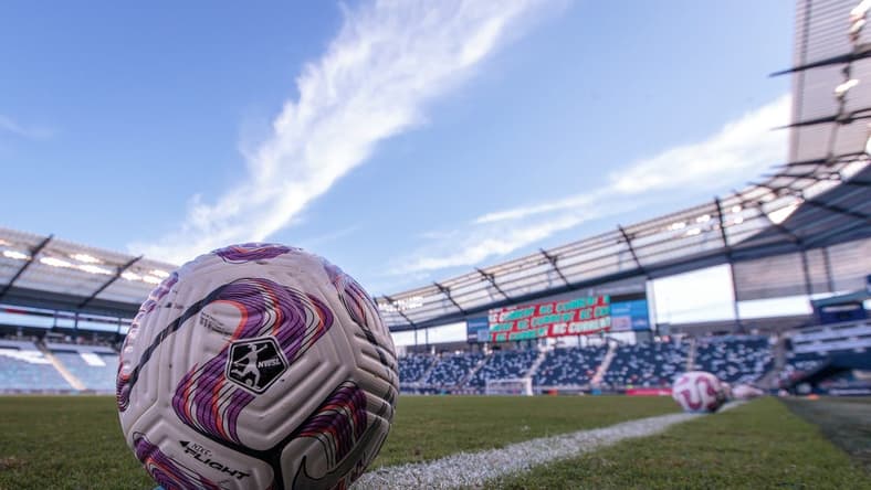 Aug 5, 2023; Kansas City, KS, USA; General view of a practice ball before the match between Racing Louisville FC and Kansas City Current at Children's Mercy Park. Mandatory Credit: William Purnell-USA TODAY Sports