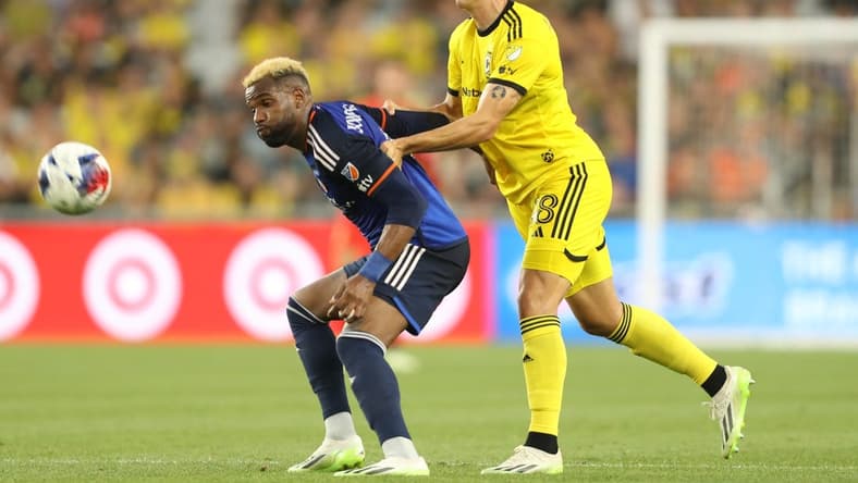 Aug 20, 2023; Columbus, Ohio, USA; Minnesota United forward Luis Amarilla (9) fights for the ball against Columbus Crew Defender Malte Amundsen (18) at Lower.com Field. Mandatory Credit: Joseph Maiorana-USA TODAY Sports