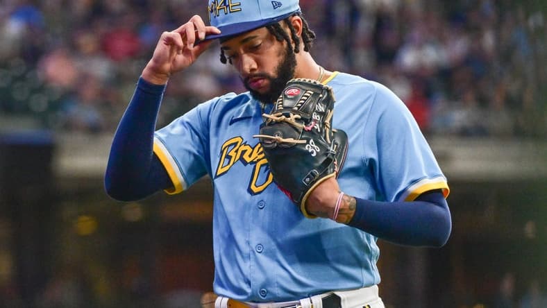 Sep 1, 2023; Milwaukee, Wisconsin, USA; Milwaukee Brewers pitcher Devin Williams (38) walks off the mound after a blown save in the eighth inning against the Philadelphia Phillies at American Family Field. Mandatory Credit: Benny Sieu-USA TODAY Sports