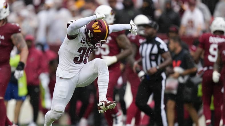 Sep 10, 2023; Landover, Maryland, USA; Washington Commanders safety Jeremy Reaves (39) reacts after a play in the second half against the Arizona Cardinals at FedExField. Mandatory Credit: Brent Skeen-USA TODAY Sports