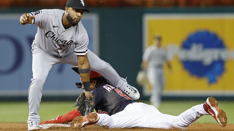 Sep 18, 2023; Washington, District of Columbia, USA; Washington Nationals shortstop CJ Abrams (5) steals second base ahead of a tag by Chicago White Sox shortstop Elvis Andrus (1) during the third inning at Nationals Park. Mandatory Credit: Geoff Burke-USA TODAY Sports