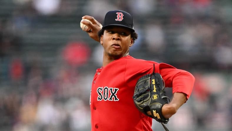 Sep 27, 2023; Boston, Massachusetts, USA; Boston Red Sox starting pitcher Brayan Bello (66) pitches against the Tampa Bay Rays during the first inning at Fenway Park. Mandatory Credit: Brian Fluharty-USA TODAY Sports