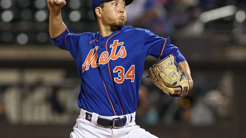 Sep 27, 2023; New York, NY, USA; New York Mets starting pitcher Kodai Senga (34) delivers a pitch during the first inning against the Miami Marlins at Citi Field. Mandatory Credit: Vincent Carchietta-USA TODAY Sports