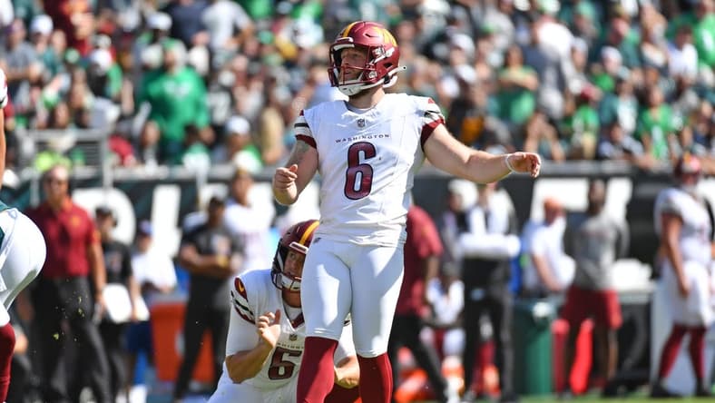 Oct 1, 2023; Philadelphia, Pennsylvania, USA; Washington Commanders place kicker Joey Slye (6) kicks a field goal against the Philadelphia Eagles at Lincoln Financial Field. Mandatory Credit: Eric Hartline-USA TODAY Sports