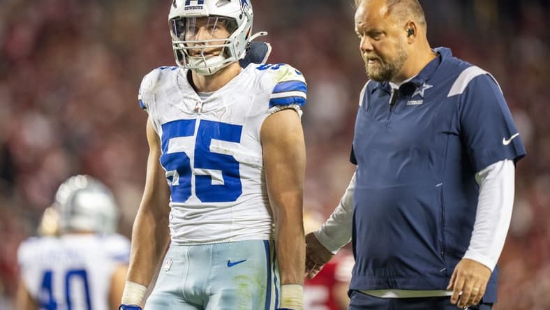 October 8, 2023; Santa Clara, California, USA; Dallas Cowboys linebacker Leighton Vander Esch (55) leaves the game after an injury during the fourth quarter against the San Francisco 49ers at Levi's Stadium. Mandatory Credit: Kyle Terada-USA TODAY Sports