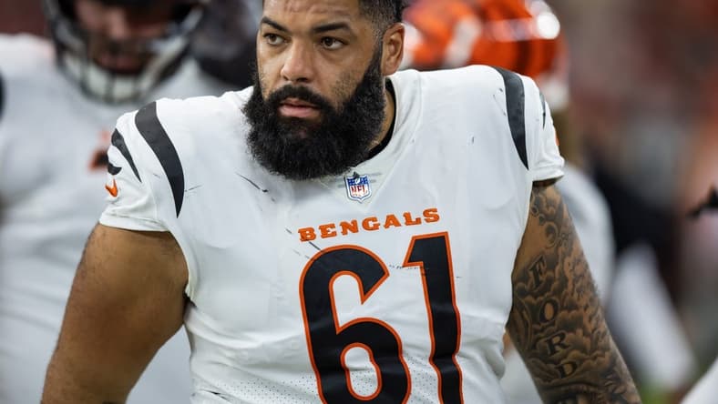 Oct 8, 2023; Glendale, Arizona, USA; Cincinnati Bengals offensive tackle Cody Ford (61) against the Arizona Cardinals at State Farm Stadium. Mandatory Credit: Mark J. Rebilas-USA TODAY Sports