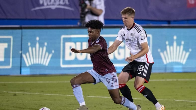 Oct 14, 2023; Frisco, TX, USA; Colorado Rapids midfielder Ralph Priso (97) and FC Dallas midfielder Liam Fraser (18) in action during the game between FC Dallas and the Colorado Rapids at Toyota Stadium. Mandatory Credit: Jerome Miron-USA TODAY Sports