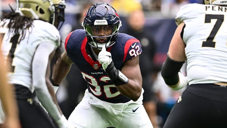 Oct 15, 2023; Houston, Texas, USA; Houston Texans defensive end Dylan Horton (92) in action during the first quarter against the New Orleans Saints at NRG Stadium. Mandatory Credit: Maria Lysaker-USA TODAY Sports