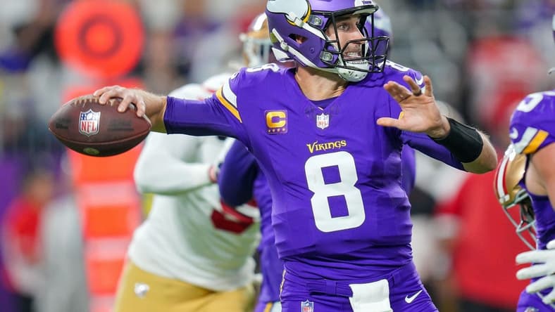 Oct 23, 2023; Minneapolis, Minnesota, USA; Minnesota Vikings quarterback Kirk Cousins (8) passes against the San Francisco 49ers in the first quarter at U.S. Bank Stadium. Mandatory Credit: Brad Rempel-USA TODAY Sports