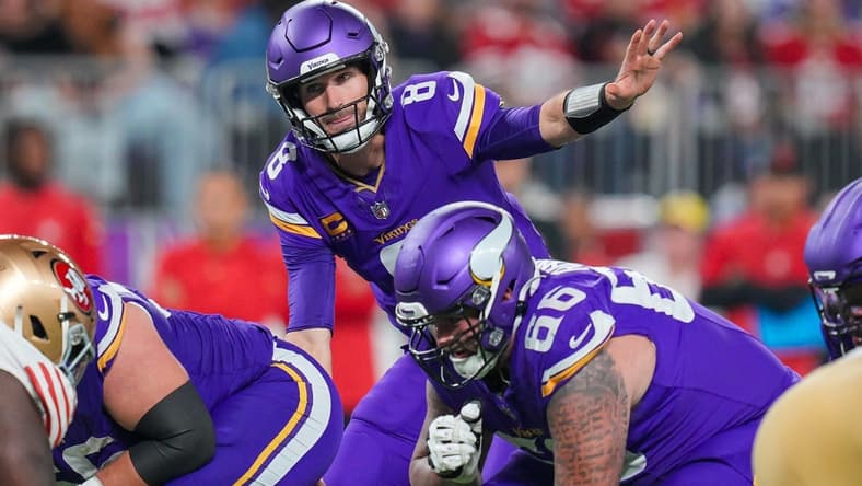 Oct 23, 2023; Minneapolis, Minnesota, USA; Minnesota Vikings quarterback Kirk Cousins (8) signals his team against the San Francisco 49ers in the third quarter at U.S. Bank Stadium. Mandatory Credit: Brad Rempel-USA TODAY Sports