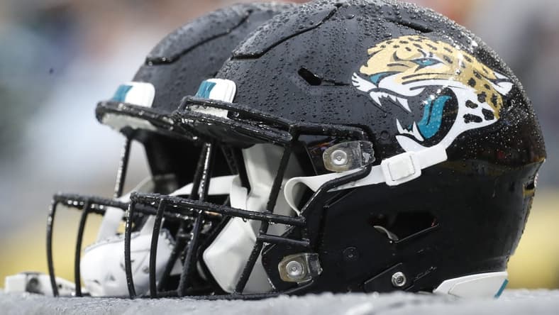 Oct 29, 2023; Pittsburgh, Pennsylvania, USA; Jacksonville Jaguars helmet on the sidelines against the Pittsburgh Steelers during the fourth quarter at Acrisure Stadium. Mandatory Credit: Charles LeClaire-USA TODAY Sports