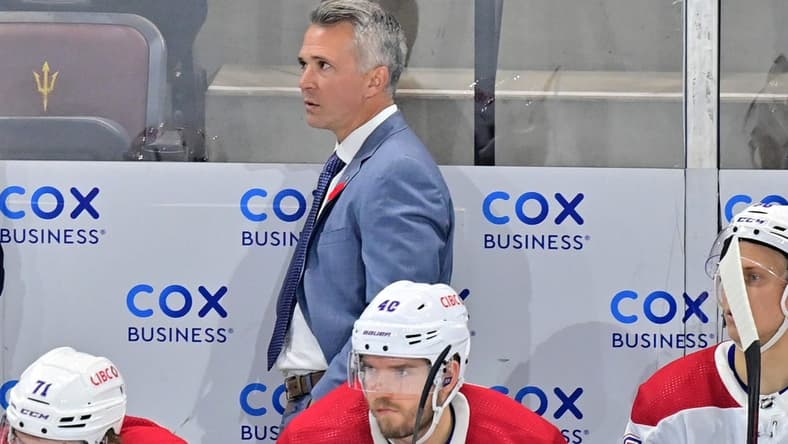 Nov 2, 2023; Tempe, Arizona, USA;  Montreal Canadiens head coach Martin St-Louis looks on in the third period against the Arizona Coyotes at Mullett Arena. Mandatory Credit: Matt Kartozian-USA TODAY Sports