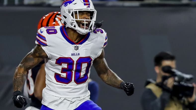 Nov 5, 2023; Cincinnati, Ohio, USA; Buffalo Bills cornerback Dane Jackson (30) reacts after breaking up a pass intended for Cincinnati Bengals wide receiver Tyler Boyd (not pictured) in the first half at Paycor Stadium. Mandatory Credit: Katie Stratman-USA TODAY Sports