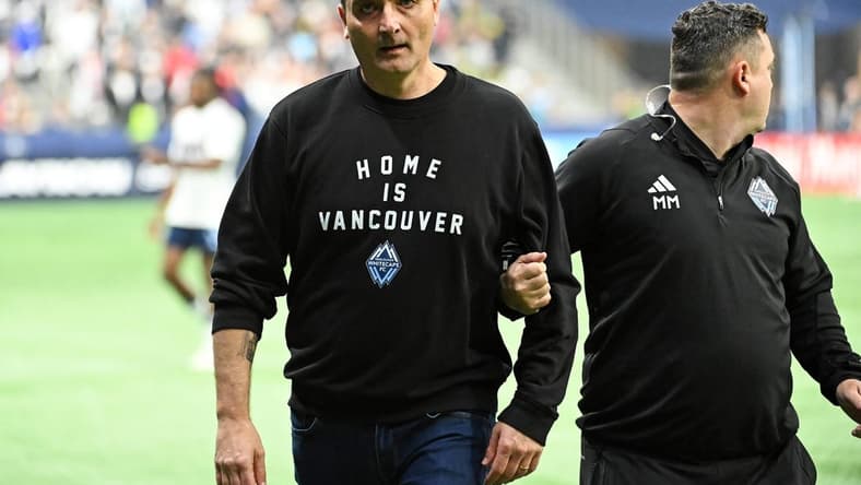 Nov 5, 2023; Vancouver, British Columbia, CAN; Vancouver Whitecaps head coach Vanni Sartini reacts after losing to Los Angeles FC in game two in a round one match of the 2023 MLS Cup Playoffs at BC Place. Mandatory Credit: Simon Fearn-USA TODAY Sports