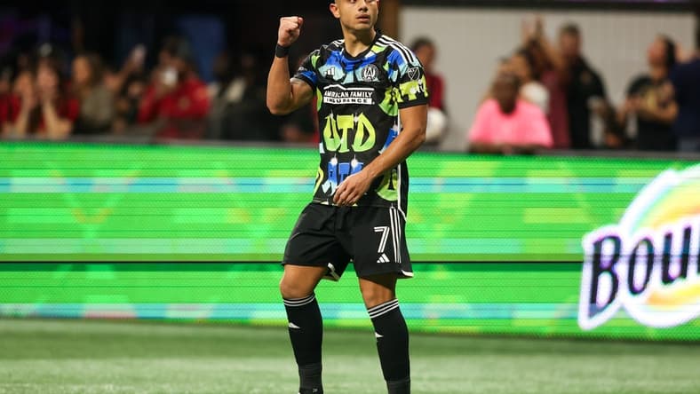 Nov 7, 2023; Atlanta, Georgia, USA; Atlanta United forward Giorgos Giakoumakis (7) celebrates after a goal in first half against Columbus Crew at Mercedes-Benz Stadium. Mandatory Credit: Brett Davis -USA TODAY Sports