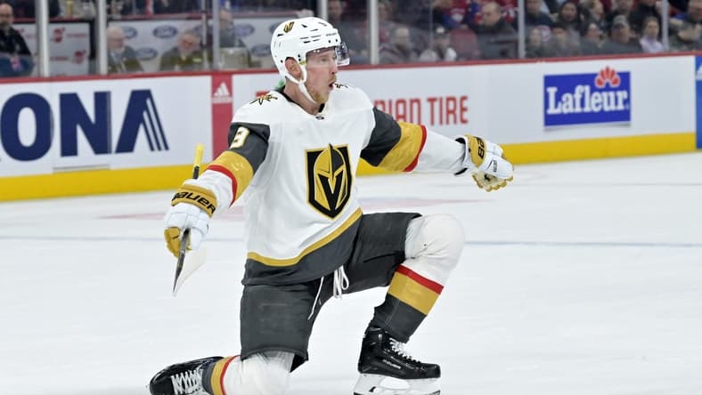 Nov 16, 2023; Montreal, Quebec, CAN; Vegas Golden Knights forward Jack Eichel (9) celebrates after scoring a goal against the Montreal Canadiens during the third period at the Bell Centre. Mandatory Credit: Eric Bolte-USA TODAY Sports