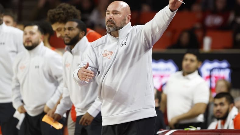 Nov 17, 2023; Norman, Oklahoma, USA; UT Rio Grande Valley Vaqueros head coach Matt Figger gestures during a play against the Oklahoma Sooners during the second half at Lloyd Noble Center. Mandatory Credit: Alonzo Adams-USA TODAY Sports
