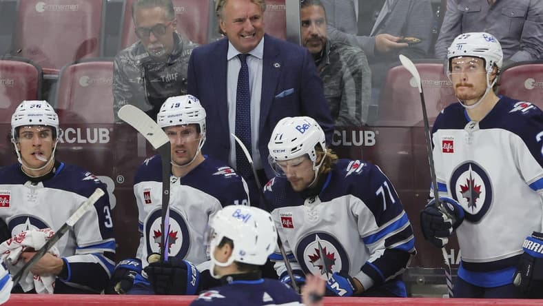 Nov 24, 2023; Sunrise, Florida, USA; Winnipeg Jets head coach Rick Bowness looks on from the bench against the Florida Panthers during the third period at Amerant Bank Arena. Mandatory Credit: Sam Navarro-USA TODAY Sports