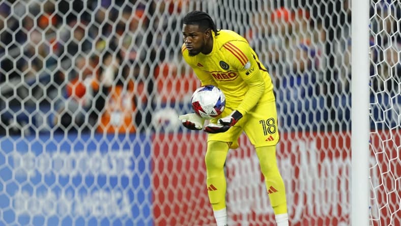 Nov 25, 2023; Cincinnati, Ohio, USA; Philadelphia Union goalkeeper Andre Blake (18) collects the ball against FC Cincinnati during the second half in a MLS Cup Eastern Conference Semifinal match at TQL Stadium. Mandatory Credit: Katie Stratman-USA TODAY Sports