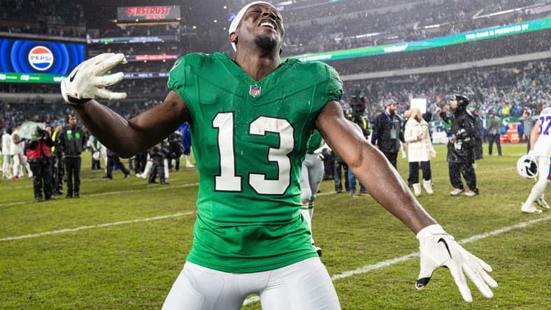 Nov 26, 2023; Philadelphia, Pennsylvania, USA; Philadelphia Eagles wide receiver Olamide Zaccheaus (13) reacts after a victory against the Buffalo Bills at Lincoln Financial Field. Mandatory Credit: Bill Streicher-USA TODAY Sports