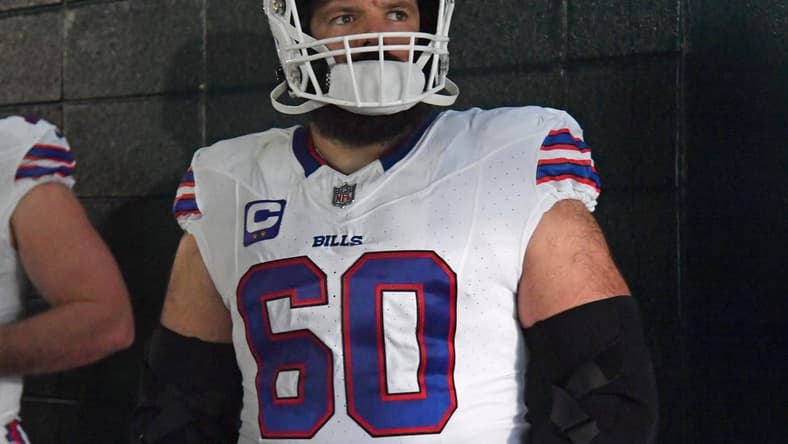 Nov 26, 2023; Philadelphia, Pennsylvania, USA; Buffalo Bills center Mitch Morse (60) in the tunnel before game against the Philadelphia Eagles at Lincoln Financial Field. Mandatory Credit: Eric Hartline-USA TODAY Sports
