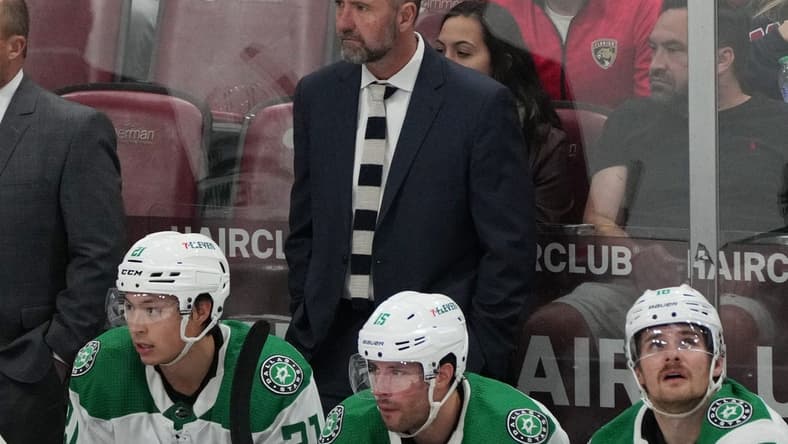 Dec 6, 2023; Sunrise, Florida, USA; Dallas Stars head coach Pete DeBoer looks on against the Florida Panthers during the second period at Amerant Bank Arena. Mandatory Credit: Jim Rassol-USA TODAY Sports