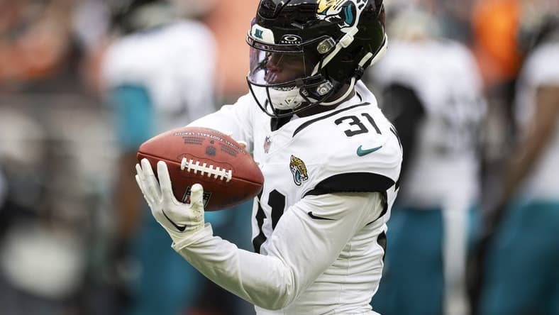 Dec 10, 2023; Cleveland, Ohio, USA; Jacksonville Jaguars cornerback Darious Williams (31) catches the ball during warm ups before the game against the Cleveland Browns at Cleveland Browns Stadium. Mandatory Credit: Scott Galvin-USA TODAY Sports