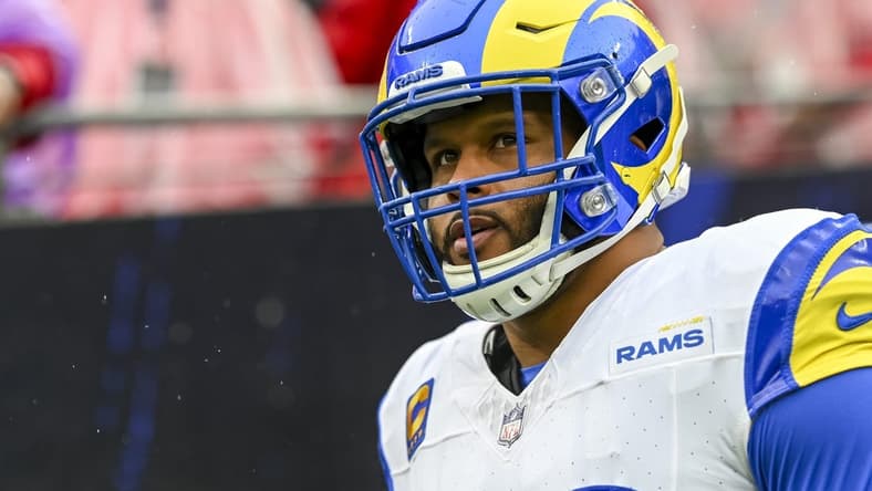 Dec 10, 2023; Baltimore, Maryland, USA;  Los Angeles Rams defensive tackle Aaron Donald (99) before the game against the Baltimore Ravens   at M&T Bank Stadium. Mandatory Credit: Tommy Gilligan-USA TODAY Sports