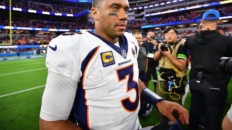 Dec 10, 2023; Inglewood, California, USA; Denver Broncos quarterback Russell Wilson (3) reacts following the victory against the Los Angeles Chargers at SoFi Stadium. Mandatory Credit: Gary A. Vasquez-USA TODAY Sports