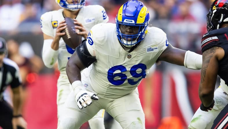 Nov 26, 2023; Glendale, Arizona, USA; Los Angeles Rams guard Kevin Dotson (69) against the Arizona Cardinals at State Farm Stadium. Mandatory Credit: Mark J. Rebilas-USA TODAY Sports