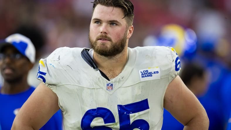 Nov 26, 2023; Glendale, Arizona, USA; Los Angeles Rams center Coleman Shelton (65) against the Arizona Cardinals at State Farm Stadium. Mandatory Credit: Mark J. Rebilas-USA TODAY Sports