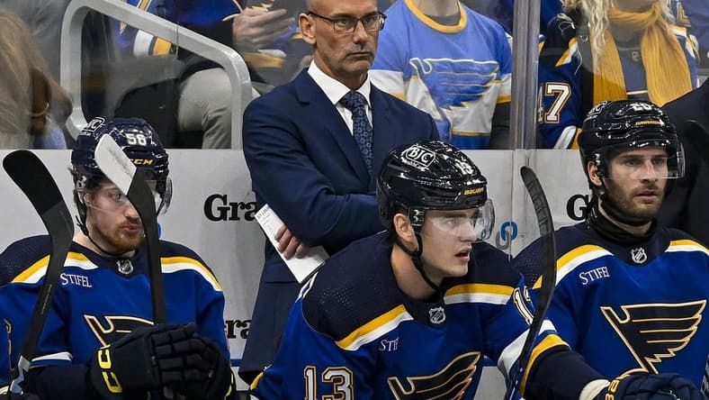Dec 14, 2023; St. Louis, Missouri, USA;  St. Louis Blues interim head coach Drew Bannister looks on from the bench during the first period against the Ottawa Senators at Enterprise Center. Mandatory Credit: Jeff Curry-USA TODAY Sports