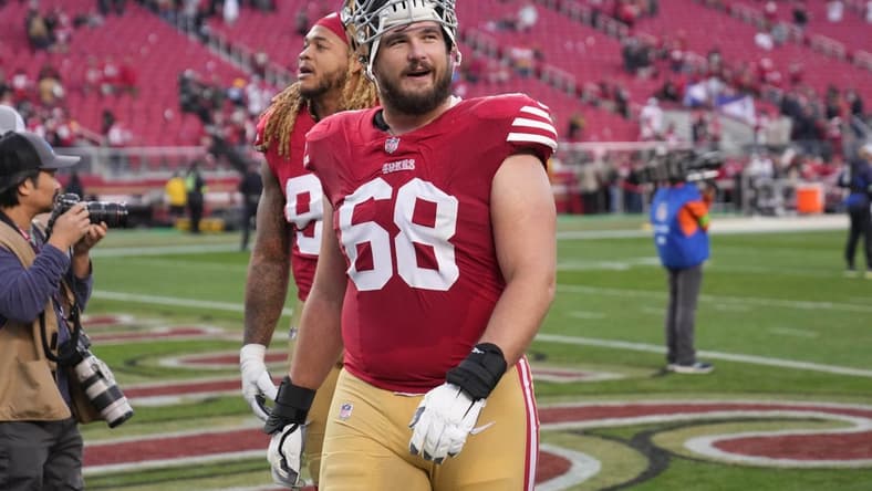 Dec 10, 2023; Santa Clara, California, USA; San Francisco 49ers offensive tackle Colton McKivitz (68) walks off of the field after defeating the Seattle Seahawks at Levi's Stadium. Mandatory Credit: Darren Yamashita-USA TODAY Sports