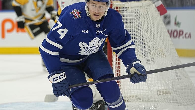 Dec 16, 2023; Toronto, Ontario, CAN; Toronto Maple Leafs forward Bobby McMann (74) skates against the Pittsburgh Penguins during the first period at Scotiabank Arena. Mandatory Credit: John E. Sokolowski-USA TODAY Sports
