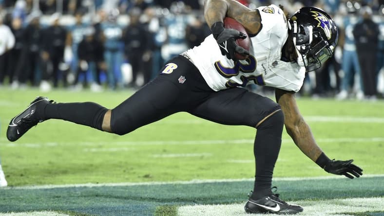 Baltimore Ravens running back Gus Edwards (35) goes into the end zone for an early fourth quarter touchdown. The Jacksonville Jaguars hosted the Baltimore Ravens at EverBank Stadium in Jacksonville, Florida Sunday Night, December 17, 2023. The Jaguars trailed 10 to 0 at the half and lost 23 to 7. [Bob Self/Florida Times-Union]