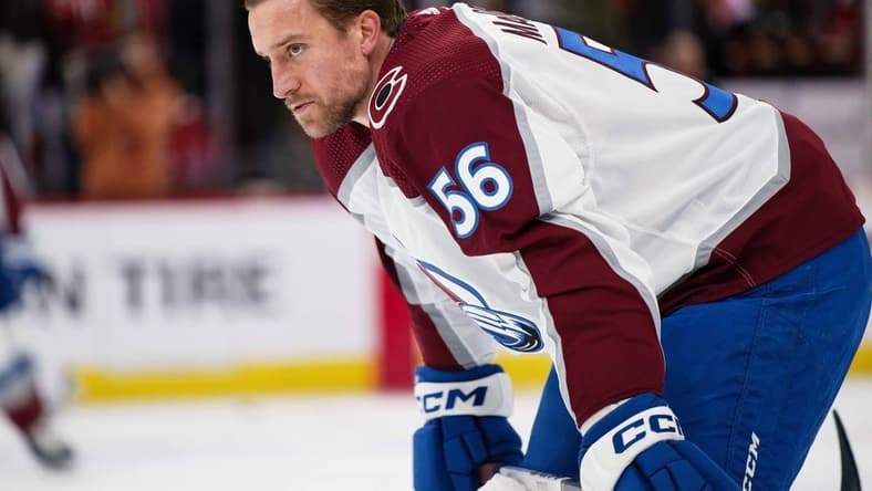 Dec 19, 2023; Chicago, Illinois, USA; Colorado Avalanche defenseman Kurtis MacDermid (56) warms up before a game against the Chicago Blackhawks at United Center. Mandatory Credit: Jamie Sabau-USA TODAY Sports