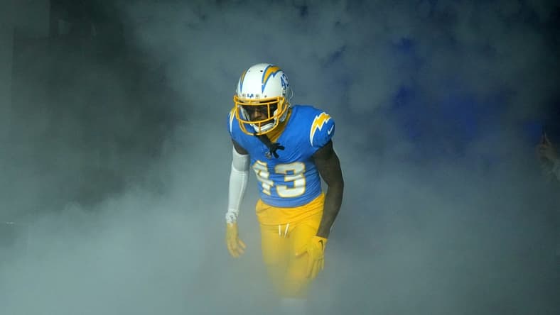 Dec 23, 2023; Inglewood, California, USA; Los Angeles Chargers cornerback Michael Davis (43) enters the field before the game against the Buffalo Bills SoFi Stadium. Mandatory Credit: Kirby Lee-USA TODAY Sports