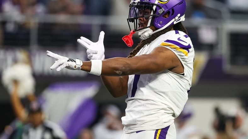 Dec 24, 2023; Minneapolis, Minnesota, USA; Minnesota Vikings wide receiver K.J. Osborn (17) celebrates his pass against the Detroit Lions during the third quarter at U.S. Bank Stadium. Mandatory Credit: Matt Krohn-USA TODAY Sports