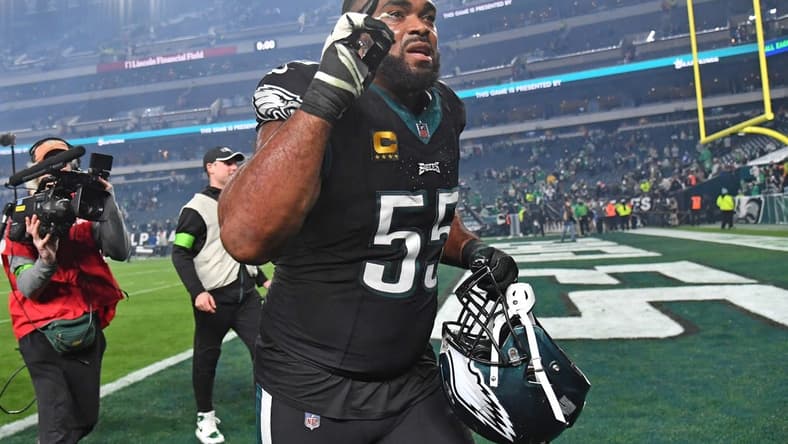 Dec 25, 2023; Philadelphia, Pennsylvania, USA; Philadelphia Eagles defensive end Brandon Graham (55) runs off the field after win against the New York Giants at Lincoln Financial Field. Mandatory Credit: Eric Hartline-USA TODAY Sports