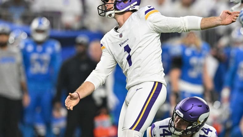 Dec 24, 2023; Minneapolis, Minnesota, USA; Minnesota Vikings place kicker Greg Joseph (1) kicks a field goal during the game against the Detroit Lions at U.S. Bank Stadium. Mandatory Credit: Jeffrey Becker-USA TODAY Sports