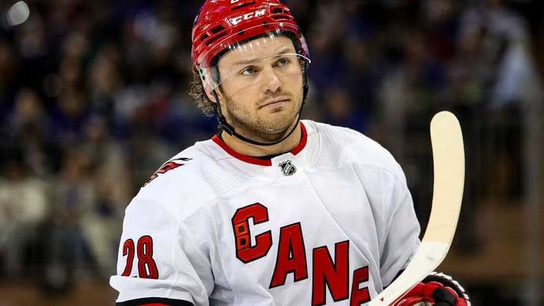 Jan 2, 2024; New York, New York, USA; Carolina Hurricanes left wing Brendan Lemieux (28) skates against the New York Rangers during the first period at Madison Square Garden. Mandatory Credit: Danny Wild-USA TODAY Sports