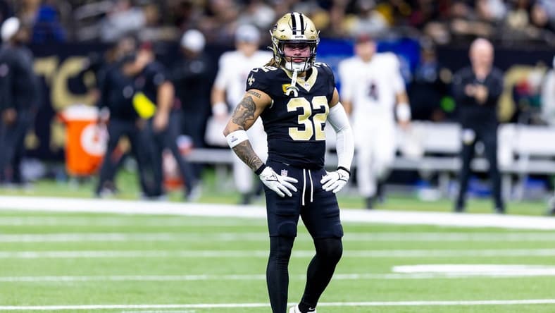 Jan 7, 2024; New Orleans, Louisiana, USA; New Orleans Saints safety Tyrann Mathieu (32) looks on against the Atlanta Falcons during the first half at Caesars Superdome. Mandatory Credit: Stephen Lew-USA TODAY Sports